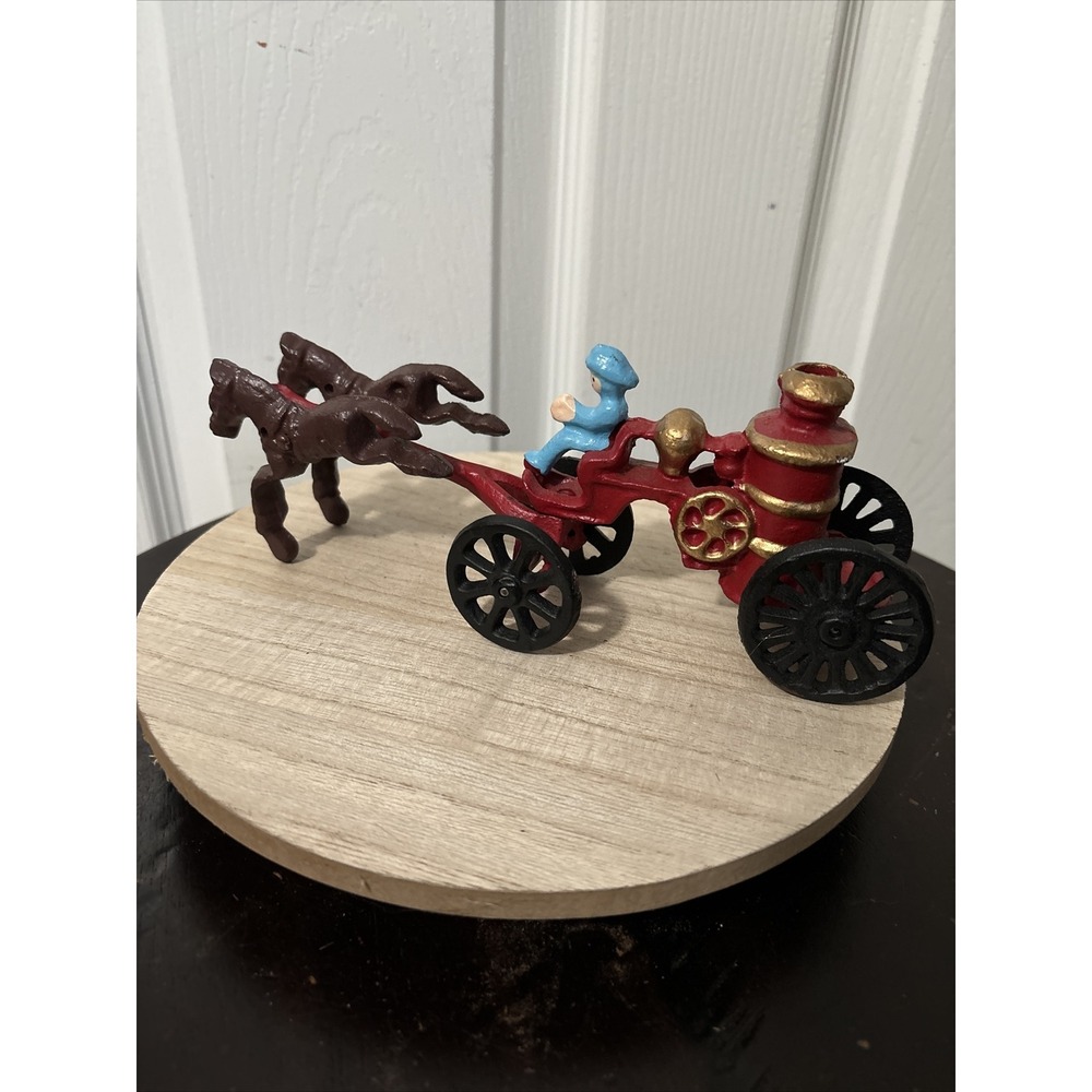 Antique Cast Iron Horse Drawn Fire Engine Pumper Wagon Truck w/Driver 2 Horses